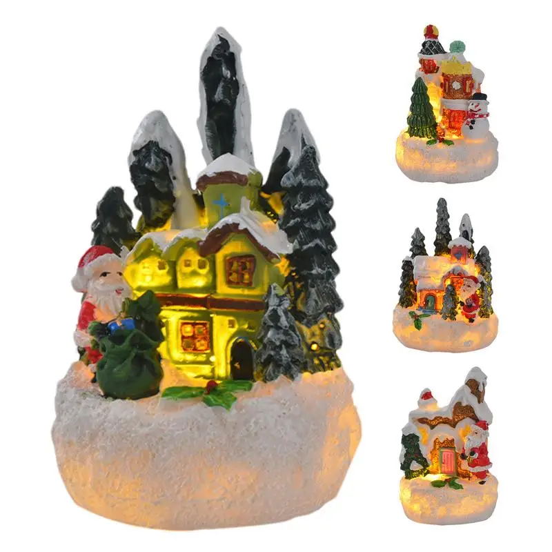 Mini Christmas Gingerbread Cottage Decoration Light Up Christmas Village Houses Ornament Resin Xmas Desktop Decor With Figurines