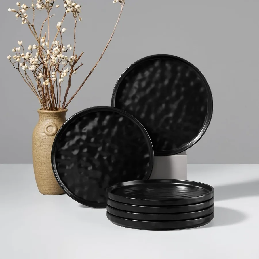 

Stoneware Plates Set of 6 7.9 Salad Plates with Reactive Glaze Ripple Design Matte Black Ceramic Dish Set Ideal for Appetizers