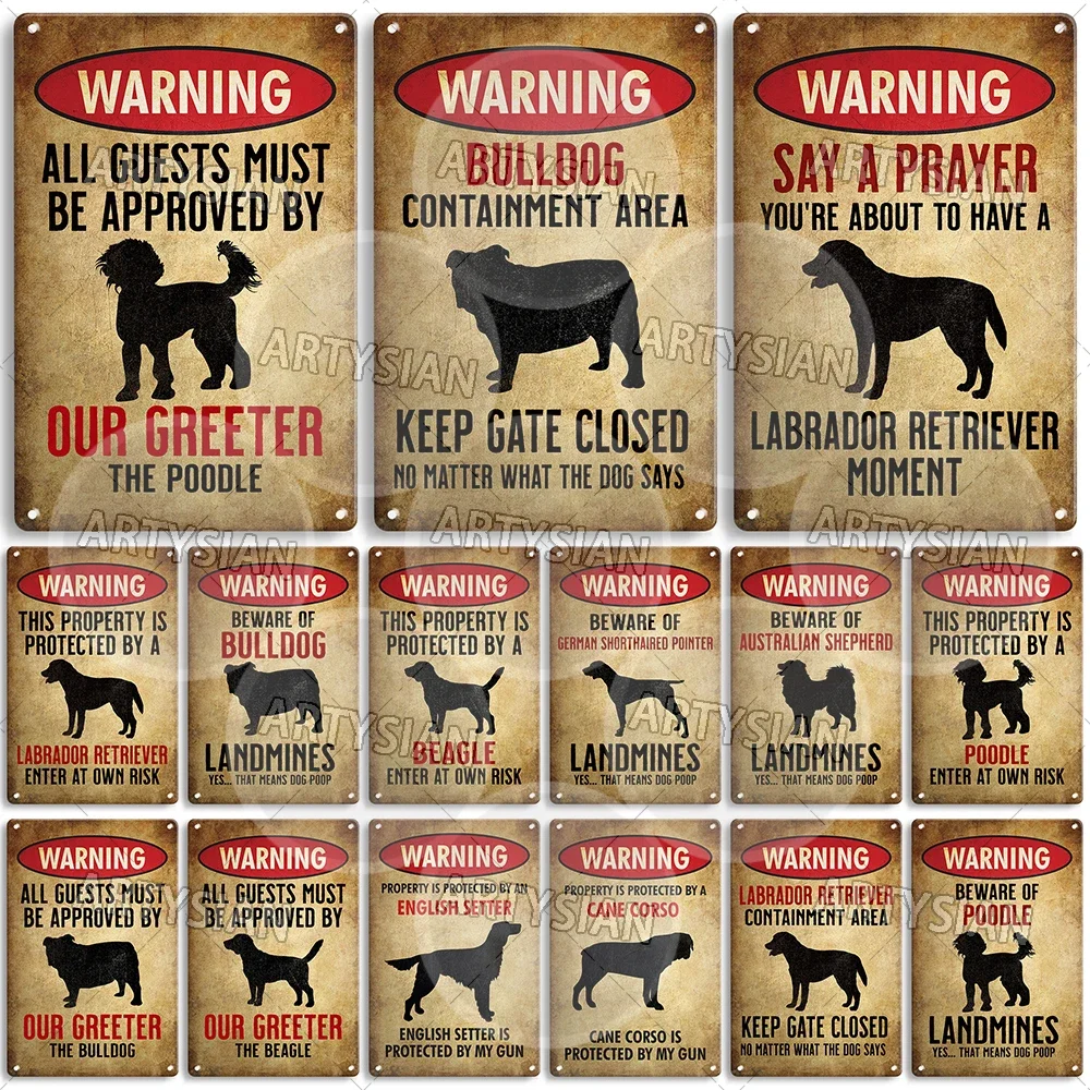 Beware Of Dog Warning Metal Sign Setter Aussie Corso Frenchie Labrador Poodle Bulldog Beagle Shorthaired Pointer GSP Lab Plaque