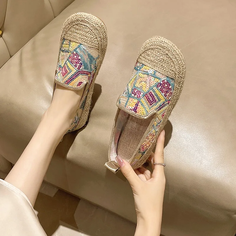 Bling Glitter bohemian fisherman shoes women 2024 paillette moccasins woman flats hemp soft soled mixed color sneakers loafers