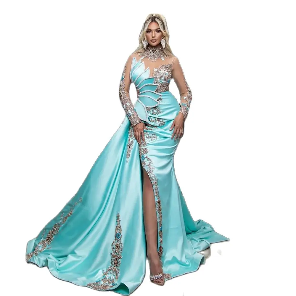 Latest Aqua Mermaid Evening Dresses 2024 Luxury Prom Gowns Long Sleeves Crystal Beading Wedding Party Dresses High Neck On Sale