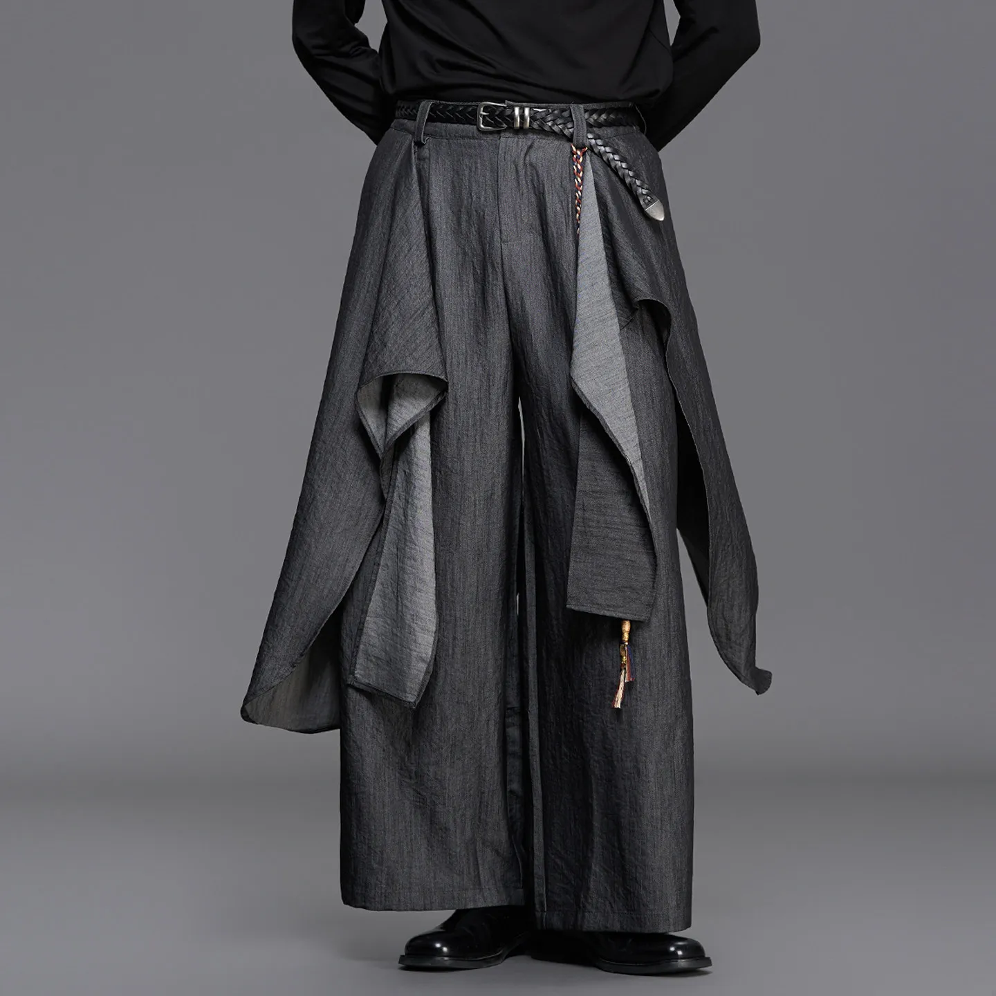 Fall 2026 Designer Cut Dark Series High Grade Gray Casual Baggy Straight Trousers Fake Two-Piece Boys Samurai Pants