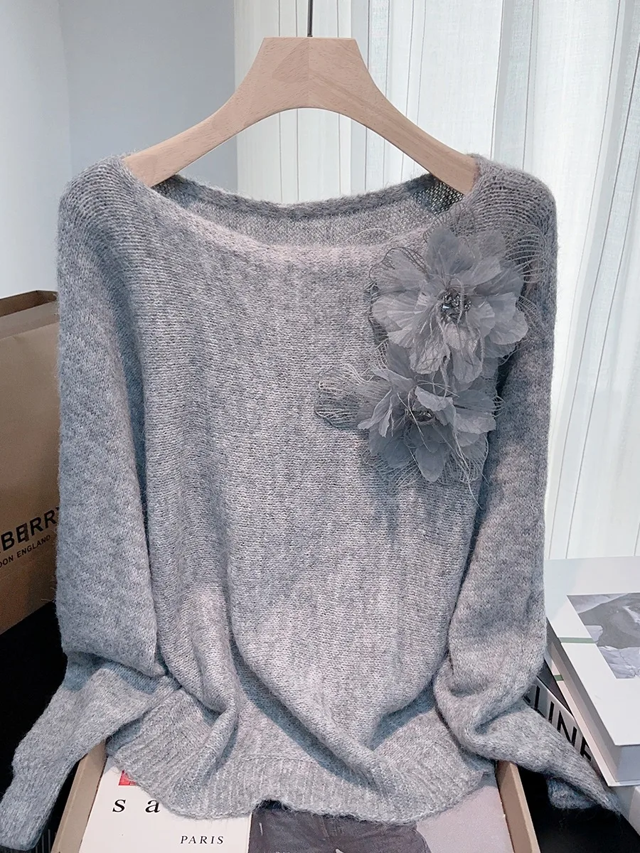 

ay 3D Flower Knitted Sweater Women's Autumn Winter New Batwing Sve round Ne Soft Loose Top Faion Gentle Sle
