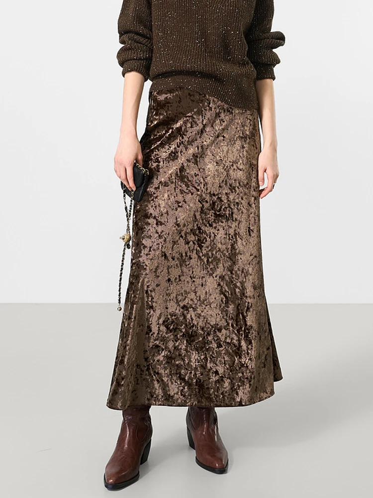 Spring French Elegant Velvet Skirt Women Waist Elastic A-line Skirts Fashion Ladies Basic Solid Casual Long Skirt Faldas
