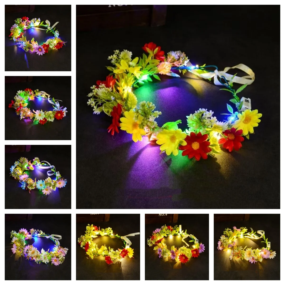 LED Light Up Flower Crown Headband Luminous Floral Wreath Headpiece for Kids Adults Wedding Party Hair Accessories Photo Props - view 2