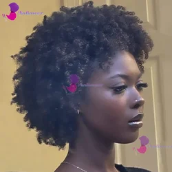 Full Lace Afro Wig 70s Human Hair for Women(6 Inch) Gluless Short Afro Kinky Curly Wigs for Black Women Big Afro Puff Wigs