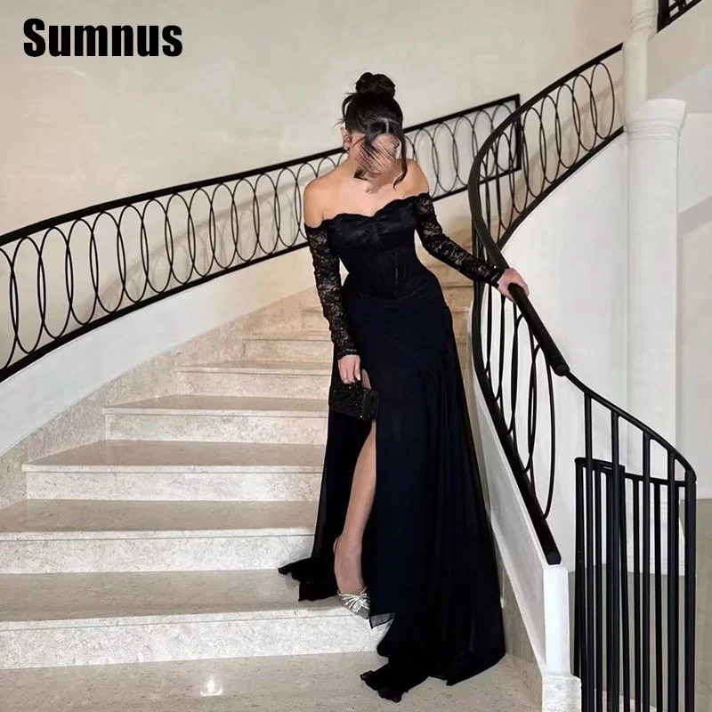 SUMNUS สีดํา Mermaid ปิดไหล่ชุดราตรีซาตินลูกไม้ Elegant Party Dresses ยาวชุดอย่างเป็นทางการด้านข้างแยกที่กําหนดเอง