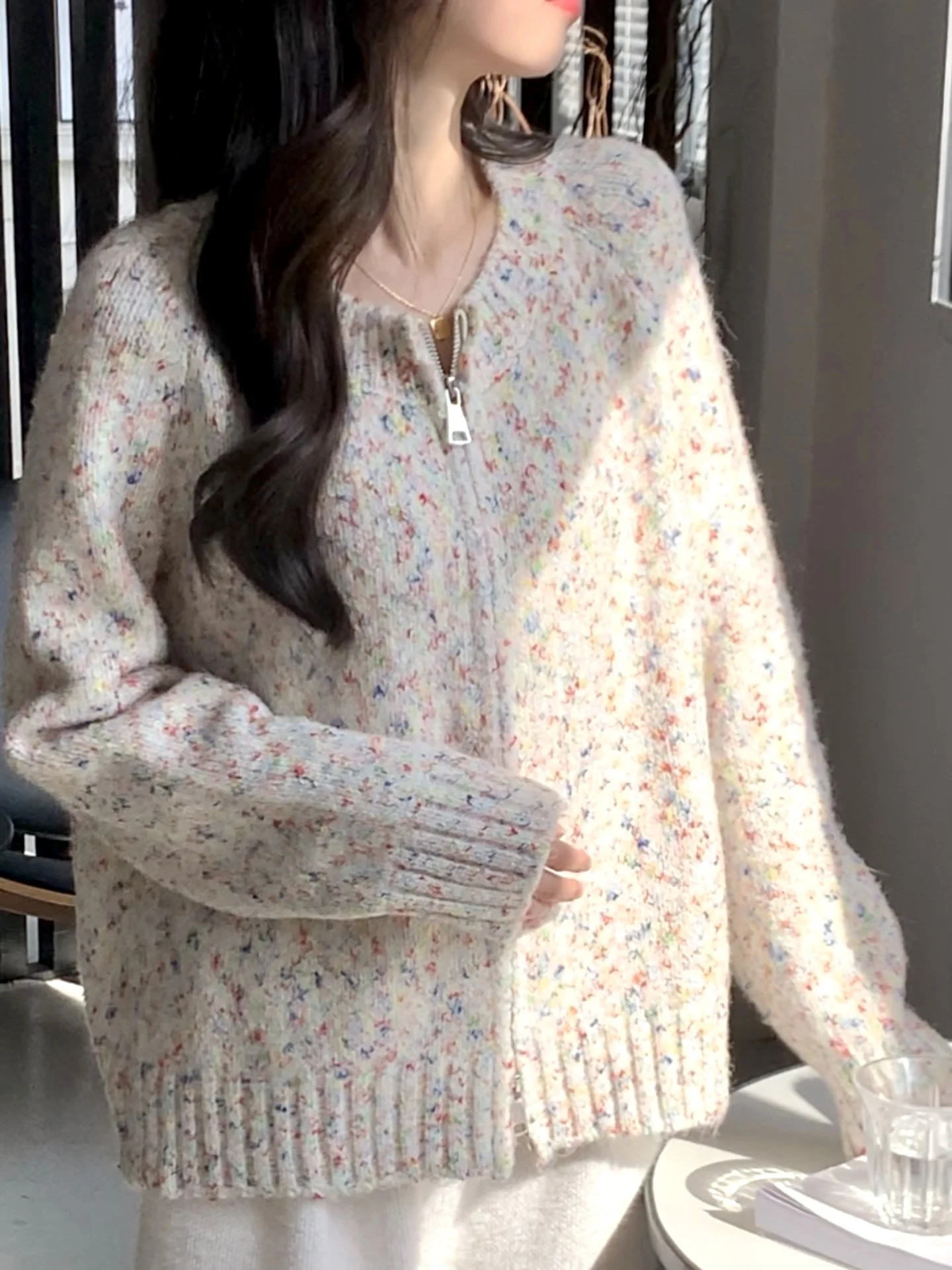 

Мягкий круглый вязаный кардиган на молнии, женский свободный винтажный свитер-пальто в стиле лоу-эйр, однотонный, для осени и зимы