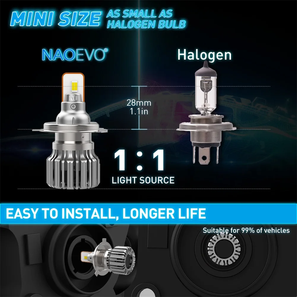 NAOEVO 50W H4 LED Headlight Bulb HB2 Hi/Lo Car Lights 6500K White CSP Chip 6000lm 9003 Mini Size Waterproof Auto Fog Lamp 12V