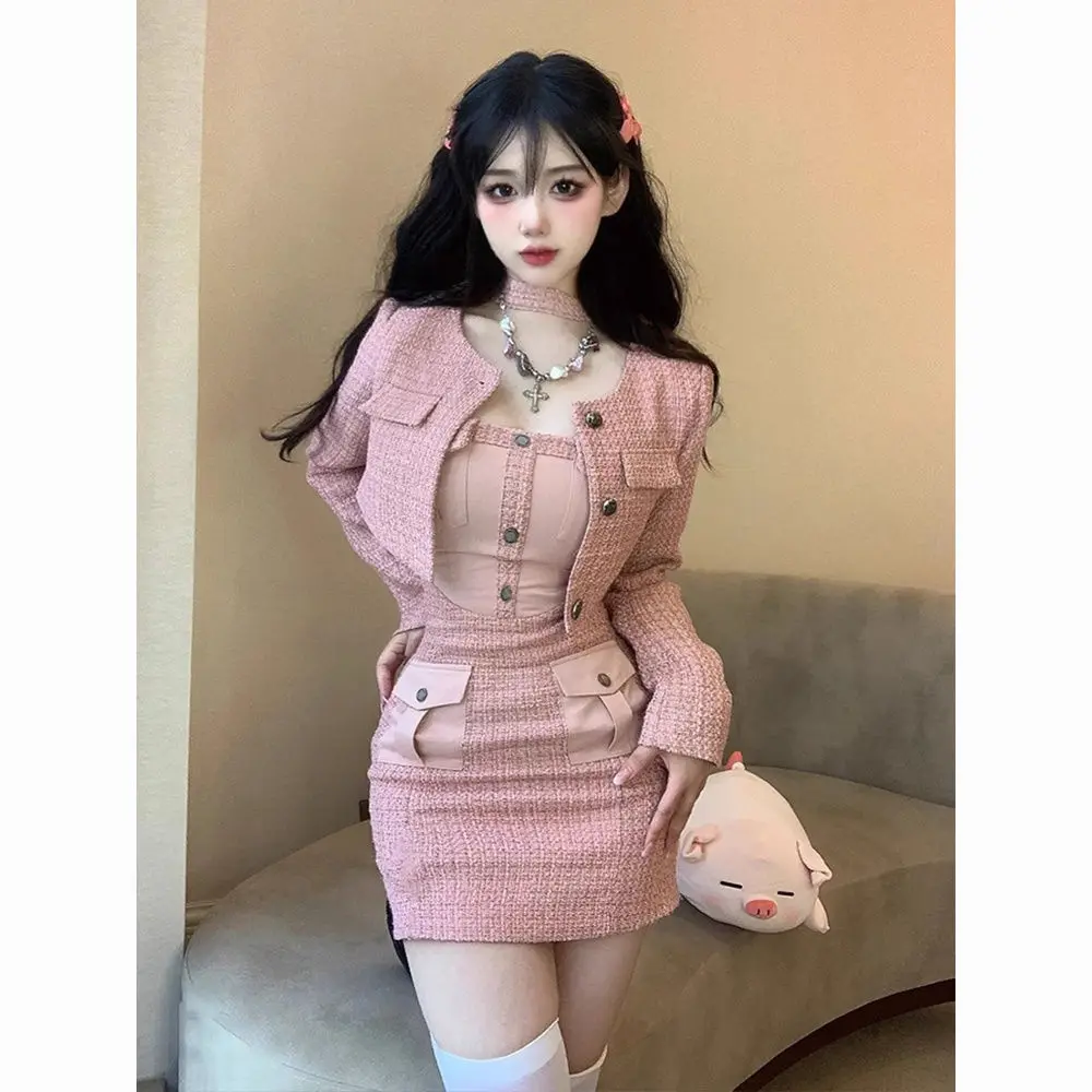 

Spring/Autumn New French Elegant Pink Two Piece Set Women Outfits Short Coat Spicy Girl Slim Wrap Hip Tight Mini Strap Dress Set