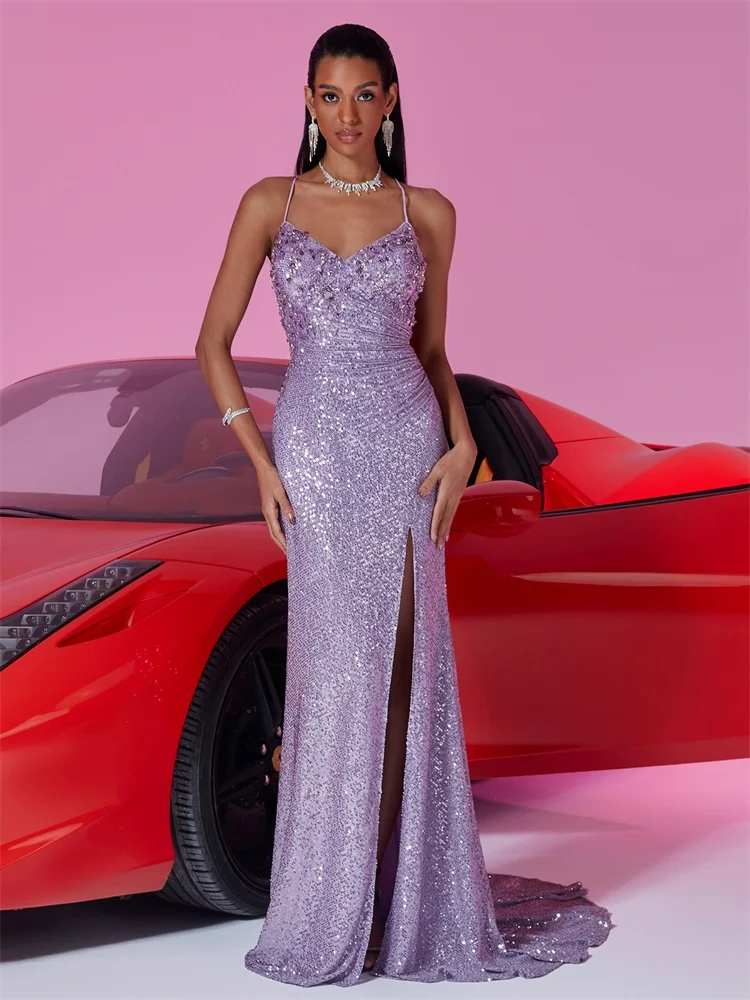 Luxury Deep V Neck Burgundy Sequin Evening Dress Guest Wedding Party Maxi Dress Mermaid Long Prom Cocktail Gowns