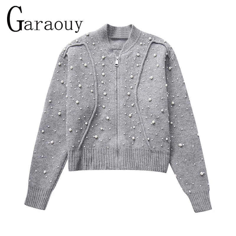 Garaouy 2024 Spring Women Chic Knitted Pearl Decoration Bombers Jacket Female Casual Versatile Sweater Coats Grey Zip Cardigan