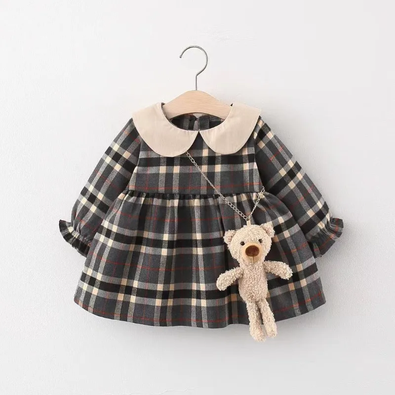 Spring and Autumn Girls Cute Bear Satchel Checkered Lapel Princess Baby Long-sleeved Dress