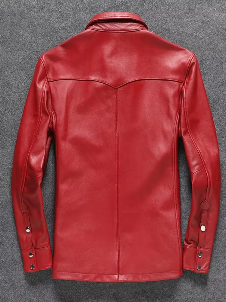 Fashion Red Genuine Leather Jacket Men Slim Fit Single Breasted Tops Motorcycle Biker Real Leather Coat Male Casual Outerwear