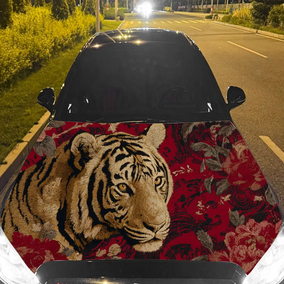 Car Decals Tiger with Red Floral Textured Background & Artistic, Majestic Visual Details Car Hood Sticker, Waterproof Self - Adh