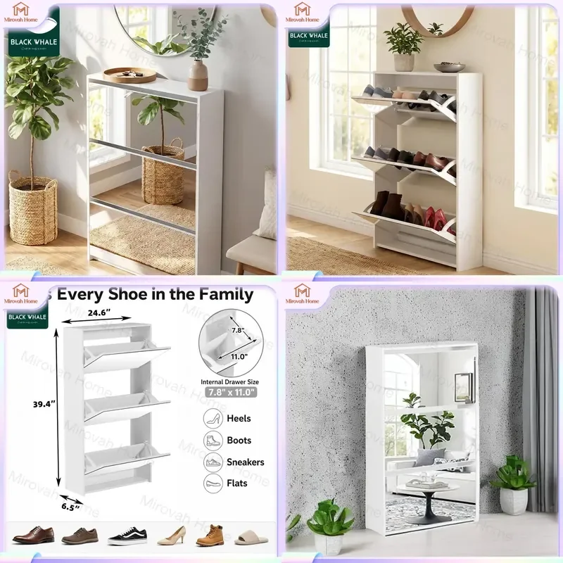 For Ultra Thin Shoe Cabinet With Mirror Tipping Bucket Storage Rack Wall Mounted Entrance Hallway Organizer Modern Home