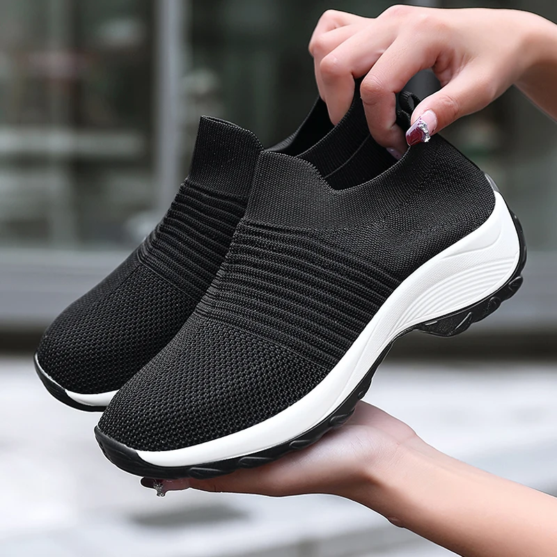 Women Casual Walking Shoes 2024 Cushion Chunky Sneaker Platform Height Increasing Breathable Slip On Loafers LadyTrainers