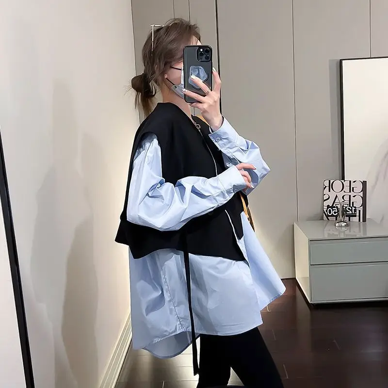 Fake Two Pieces Spring Autumn New Women\'s Contrast Color Spliced Asymmetrical Blouse V-Neck Elegant Loose Long Sleeve Shirt