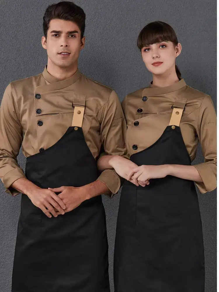 Abbigliamento da lavoro per Chef dell'hotel manica lunga da uomo ristorante cucina cottura giacca da cuoco e grembiule Set Logo uniforme da lavoro personalizzata vendita