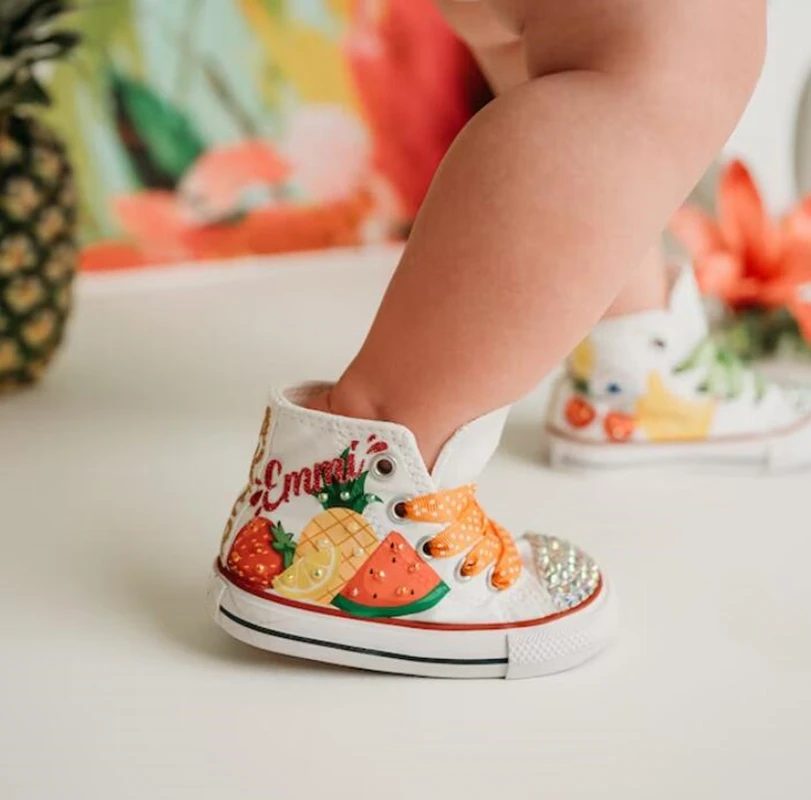 Stunning Hot Fruit Theme Kids Canvas Shoes DIY For Girl Communion Shoes Dollbling Handmade Bling Sneakers Birthday Gift for Kids