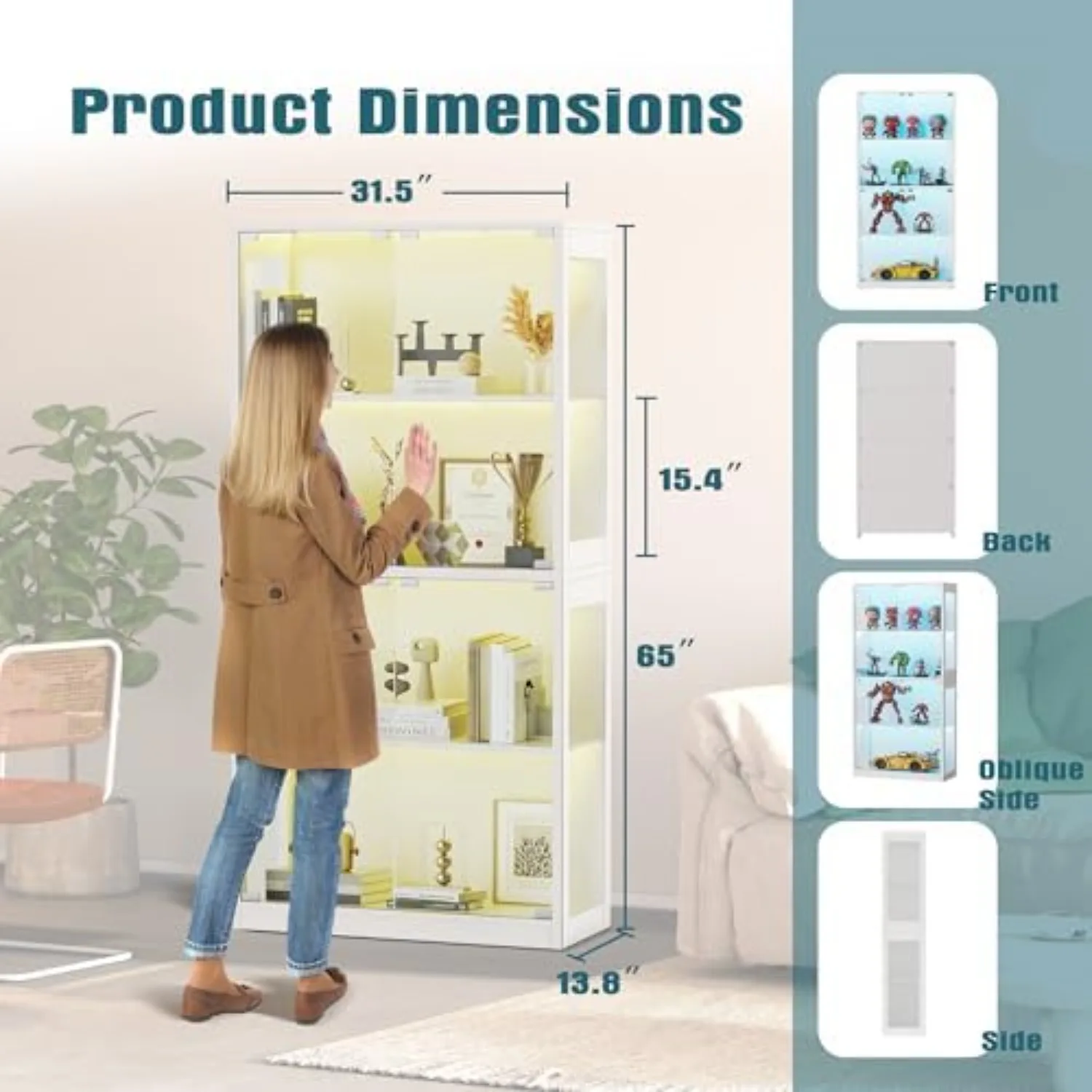 Display Cabinet with Glass Doors, 4-Tier Curio Display Case, Collectibles Display Shelf with 12 Color Lights, Toy
