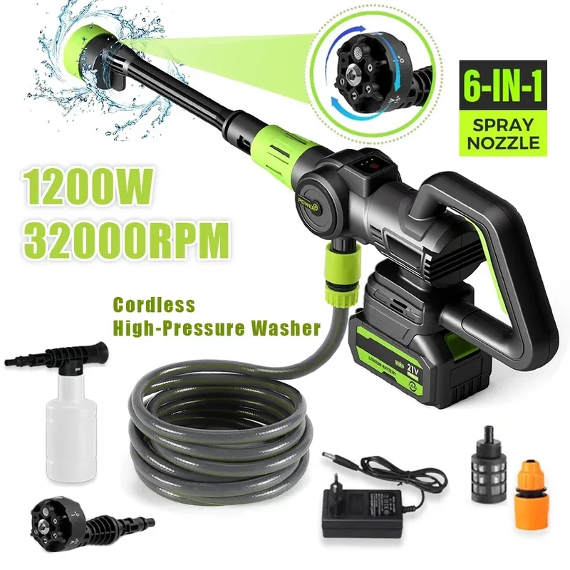 1200W Brushless High Pressure Car Washer 120Bar Spray Water Gun Washing 6-in-1 Multi-function Nozzles Foam Wireless Car Wash