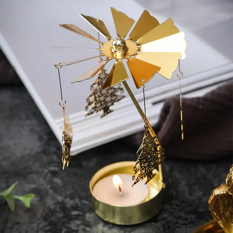 Carousel Golden Hot Rotating Candle Holder Ornaments Metal Windmill Rotating Creative Hand Gift Home Party Wedding Decoration