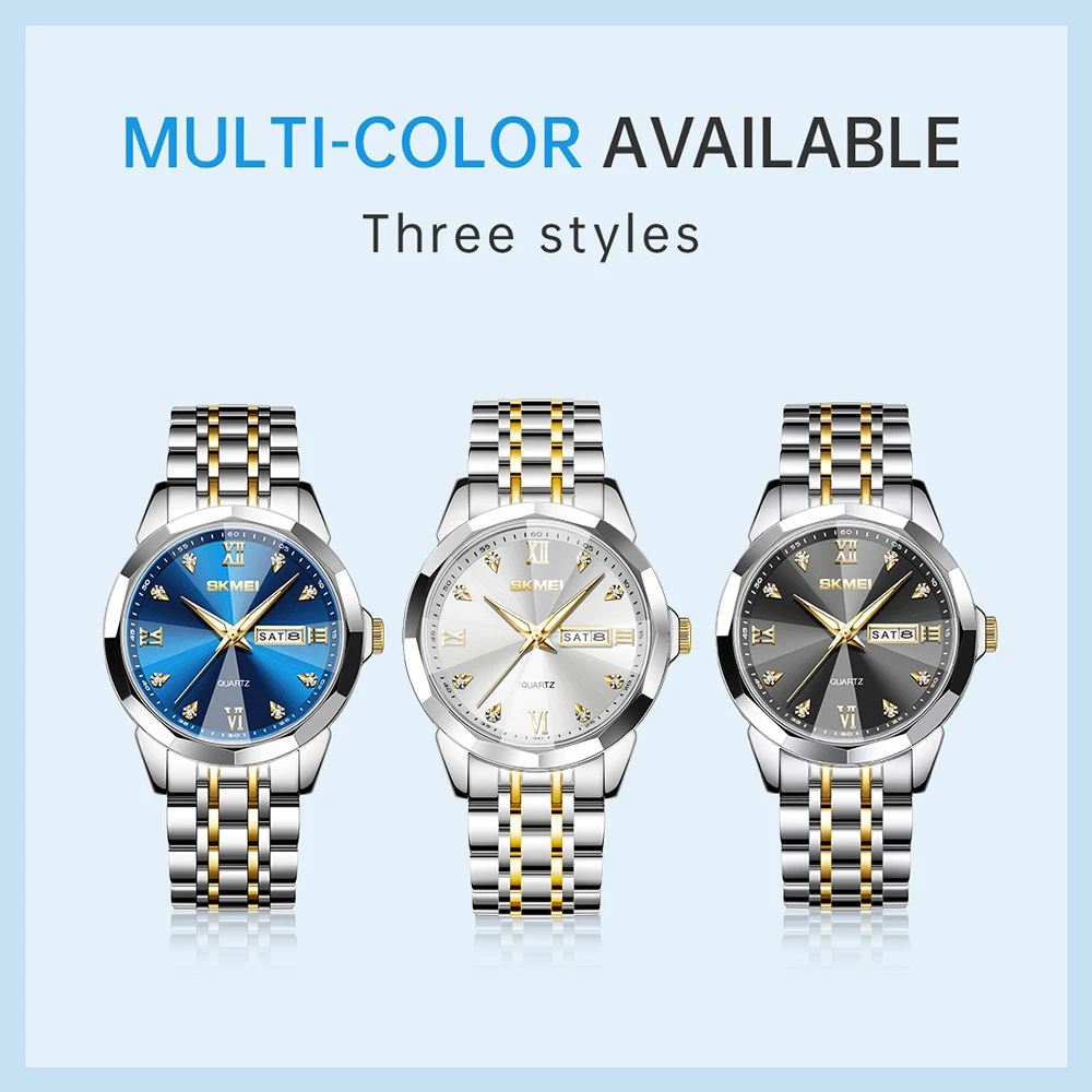 SKMEI Luxury Stainless Steel Quartz Wristwatch For Men Women Casual Week Date Waterproof Male Female Ladies Watches reloj hombre