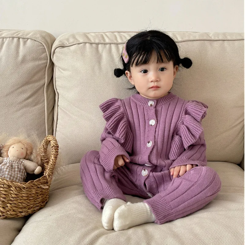 2024 Infant Spring Clothes New Solid Girl Baby Knitted Cardigan Flounce Long Sleeve Romper Kid Cotton Jumpsuit Newborn One-piece