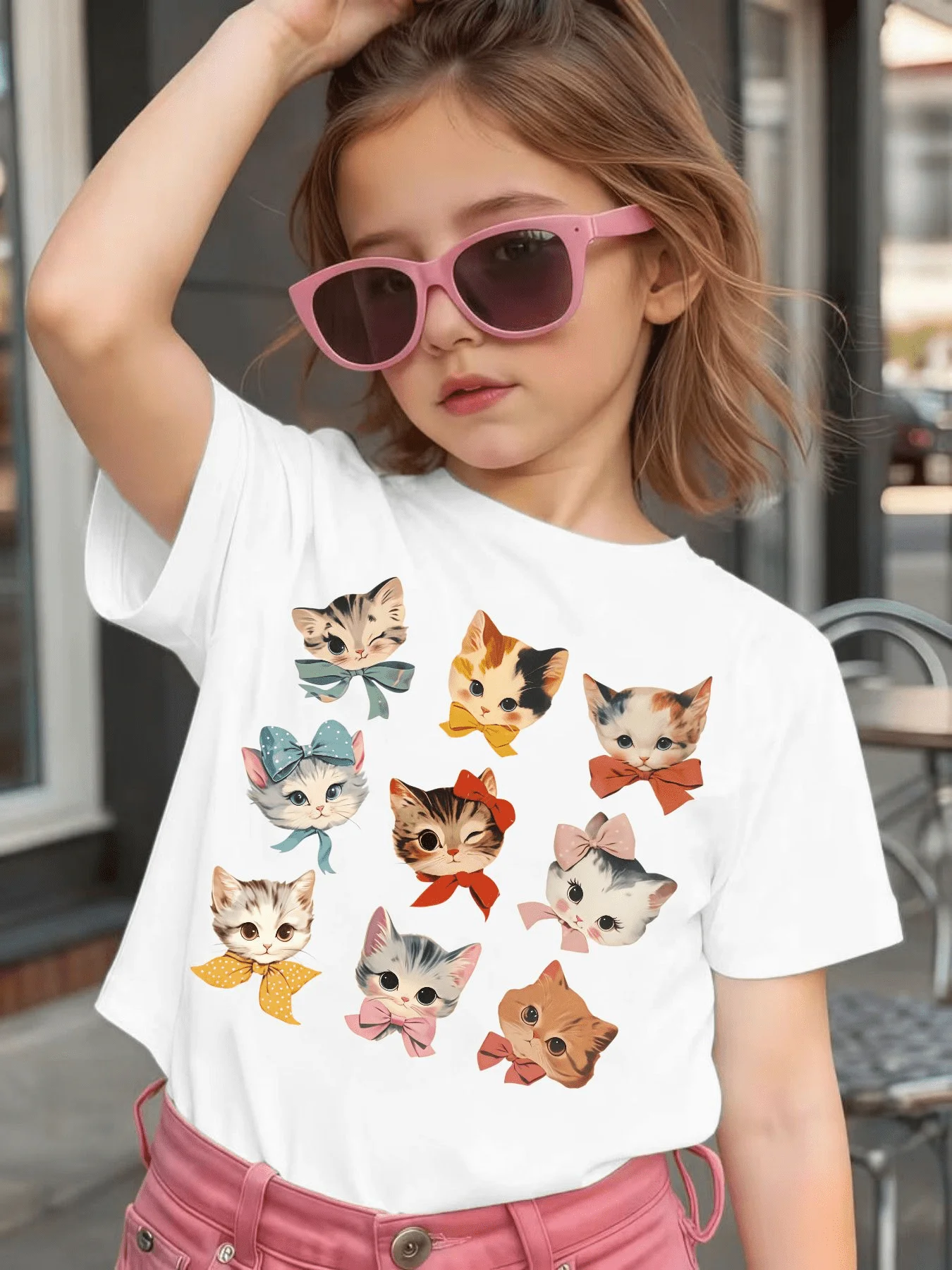 Cute Bow Kitten Collection Graphic Kids Tee Boys Girls Family Matching Cotton Crew Neck Short Sleeve Soft Casual Summer Tee