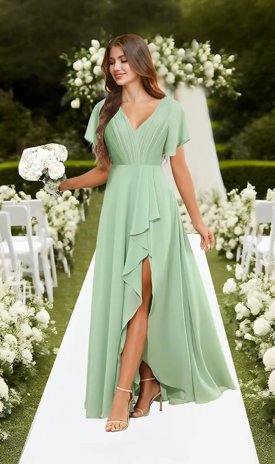 فساتين وصيفة الشرف من الشيفون برقبة على شكل V مع شق وكشكشة مطوي على شكل حرف A فستان رسمي بأكمام فستان رسمي أنيق للنساء