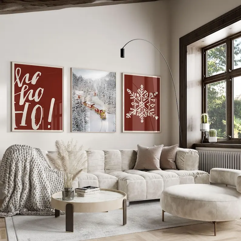 3pcs/set Red Background Christmas Train Canvas Print Ho Ho Ho Quote Snowflake Winter Wall Art Poster for Living Room Home Decor