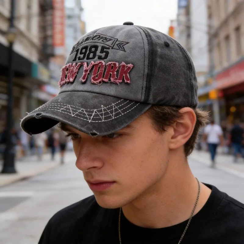 Vintage Gewaschene Denim-Baseballkappe mit Stickerei Unisex Retro Distressed Buchstaben-Mütze für Männer und Frauen