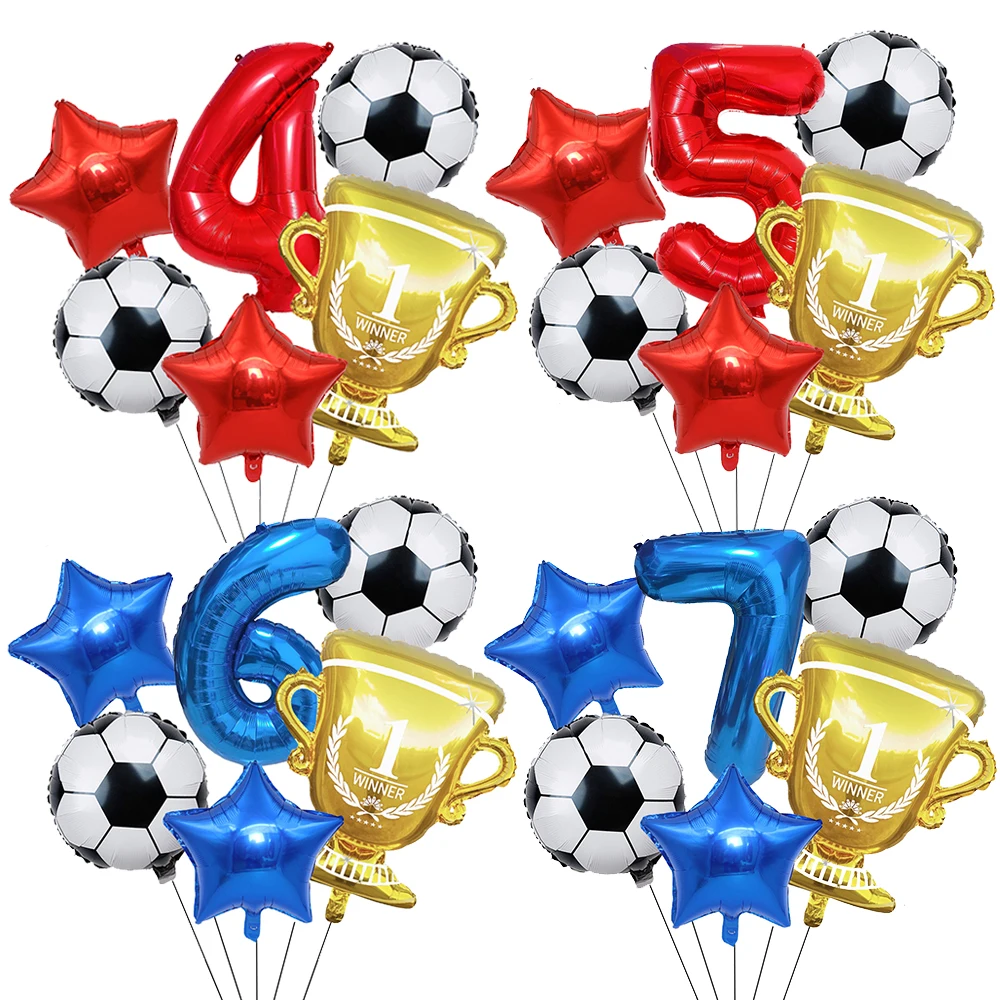 Décorations d'anniversaire de football, trophée doré, ensemble de ballons avec chiffres rouges et bleus, thème de sport de football, décor de fête d'anniversaire pour garçon