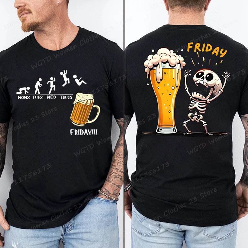 Men's T-shirts Skeleton Enjoying FRIDAY Beer Graphic T Shirt Funny Beer Lovers Tshirts Short Sleeve Crewneck Tees Male Clothing