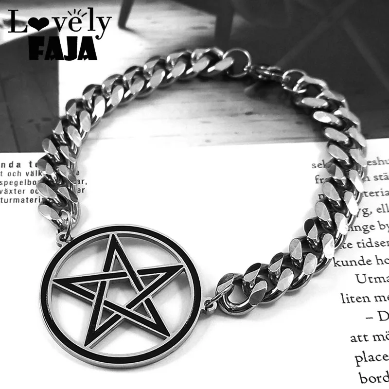 Hip Hop Satan Inverted Pentagram Pendant Bracelet Women Men Stainless Steel Wicca Pentacle Protective Bracelets Satan Jewelry