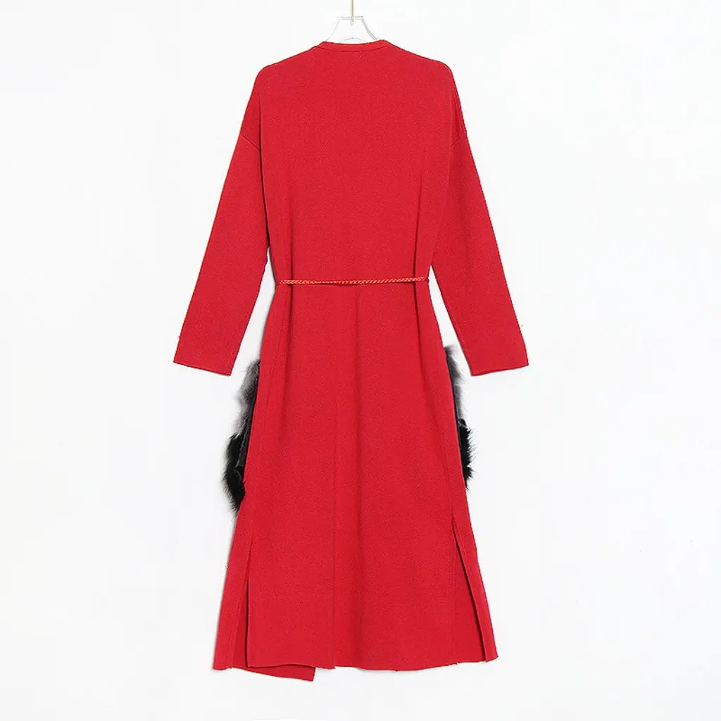 

Elegant Women's Knitwear Casual Long Outwear with Spliced Fur Flap Pocket Draped Loose Fit Design for Autumn Winter