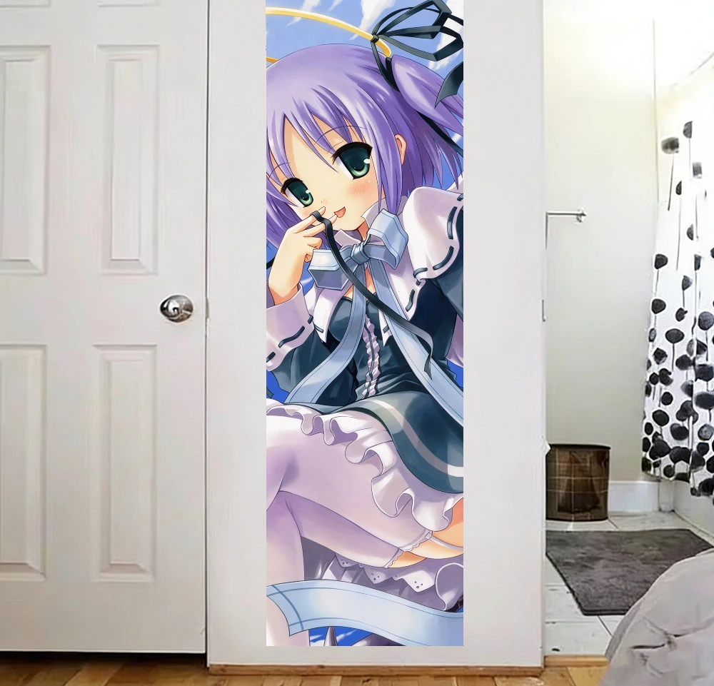 Cute Anime Girl Tapestry Wall Hanging Purple Hair Halo Maid Outfit Thigh High Vertical Poster Bedroom Dorm Home Decor Fans Gifts