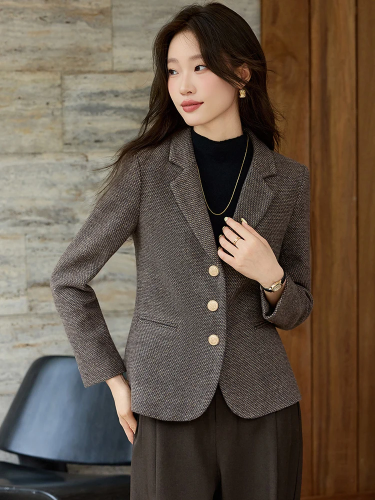 Brown Woolen Suit Jacket Women's Spring Autumn Short Casual Style Fashionable Button Pocket Design Full Lined Regular Fit