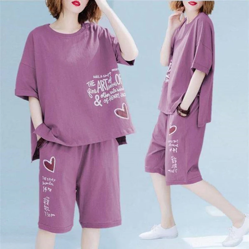 Summer New plus Size Women's Casual Loose Short Sleeve T-shirt And Shorts Two-piece Set Slimming Effect Quality Polyester Fiber
