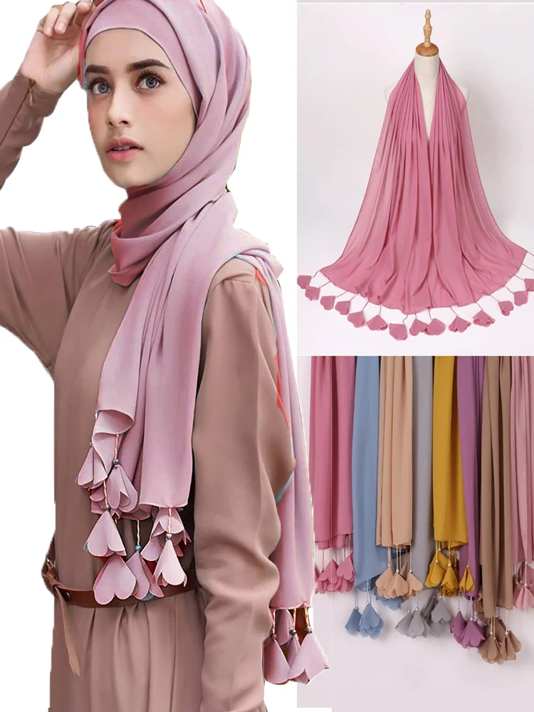 Designer Solid Color Bubble Chiffon Hijab Scarf Women Long Soft Wrap Scarf Shawl Scarves Femme Muslim Hijabs Heart Tassel Scarf