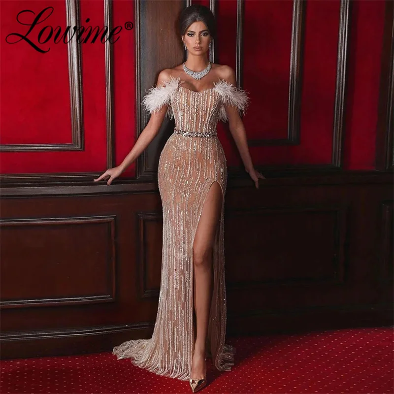 

Champagne Evening Dress Sparkly Sequins Feathers Off Shoulder Prom Dresses High Slit Crystals Belt Party Gowns Vestido De Fiesta