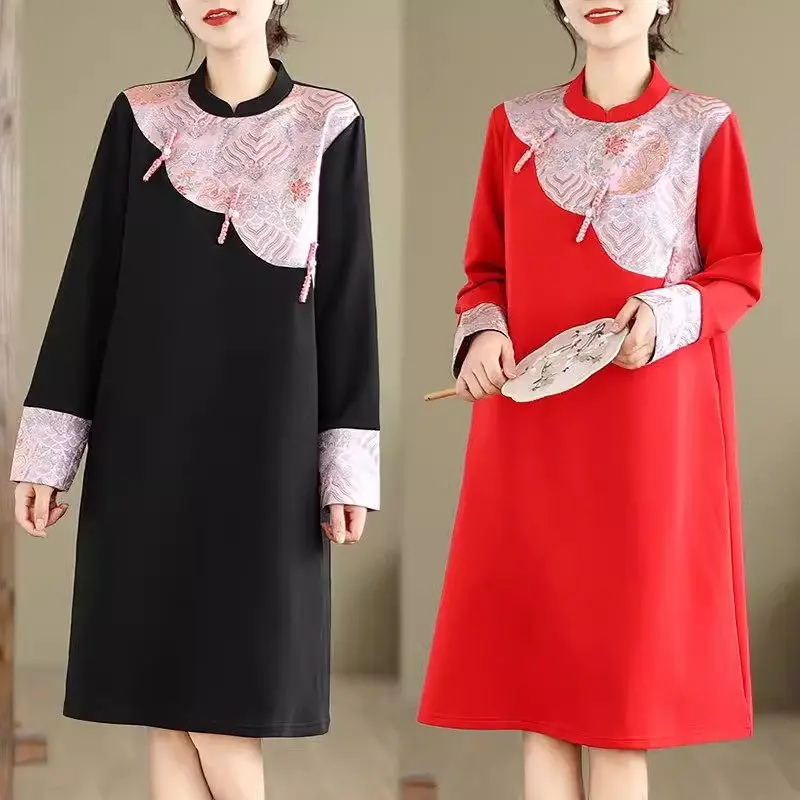 

Qipao Dress Women 2024 New Spring And Autumn Chinese Style Patchwork Fashion Long Sleeved Dress Midi Female Vestidos Z4972