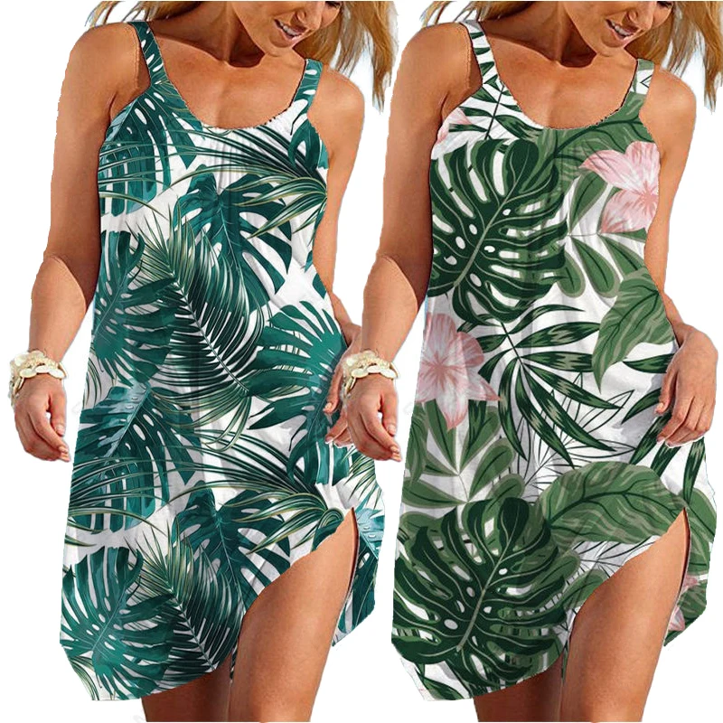 Traf Green Leaf lPrinted 3D Beach Dress  Floral Sexy Dress Strap Sleeveles Woman Sundress Vestios for Ladies Women Hawaiian