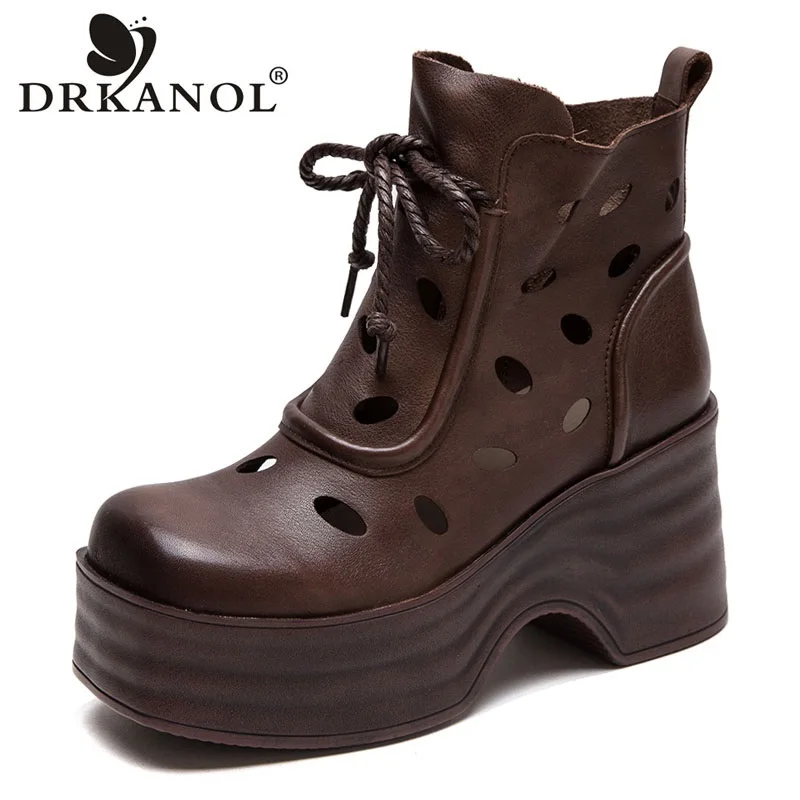 

DRKANOL 2024 Handmade Retro Summer Cool Boots Women Square Toed Hollow Out Genuine Leather Thick High Heel Platform Ankle Boots