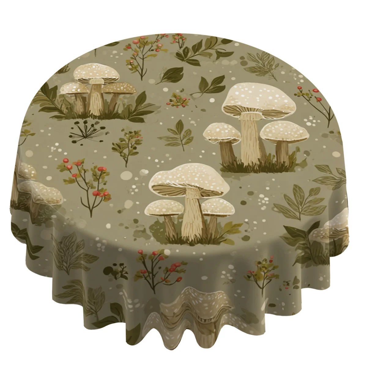 1pc Round Tablecloth with a 2D Printed Natural Pattern Featuring Mushrooms, Foliage, and Berries. Diameter: 60 Inch