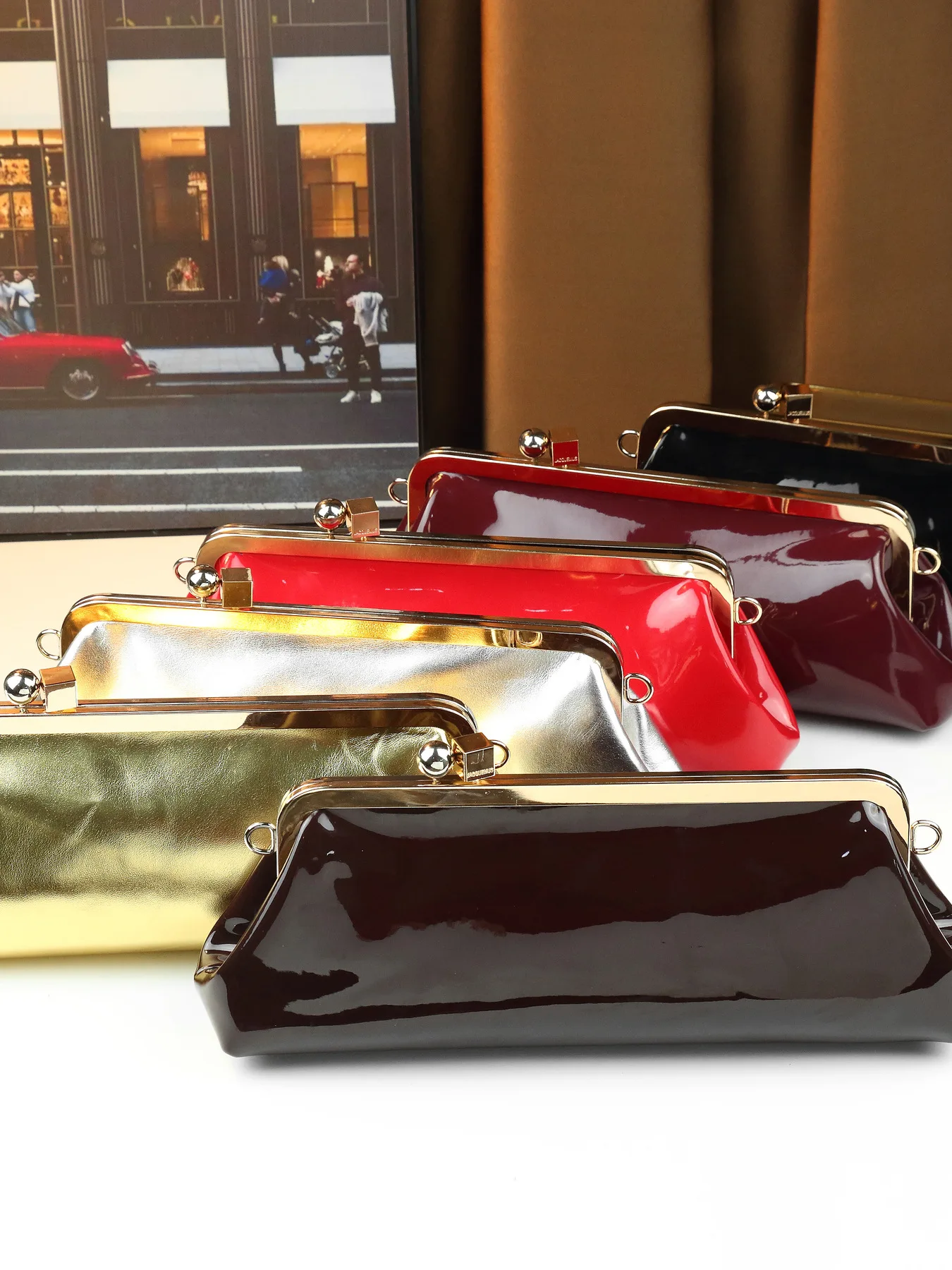 Shiny Metal Clip Long Clutch Bag Women Evening Business Large Capacity Shoulder Bag