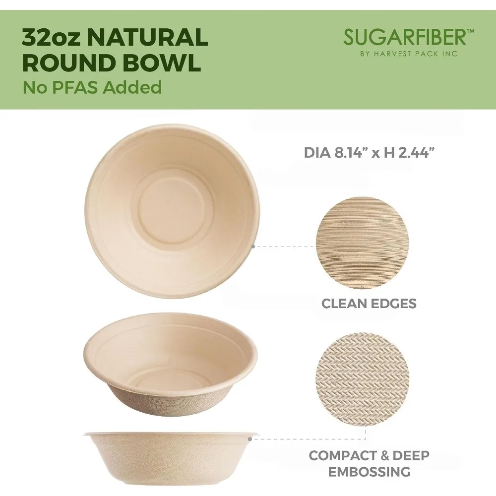32oz Compostable Paper Bowls Disposable Round Natural Soup Bowls, 50 Count | Heavy-Duty, Biodegradable, Sugarcane, Bagasse, Soup, Salad, Microwavable, Meal Prep, Takeout, Dinnerware, Sugarfiber, togo