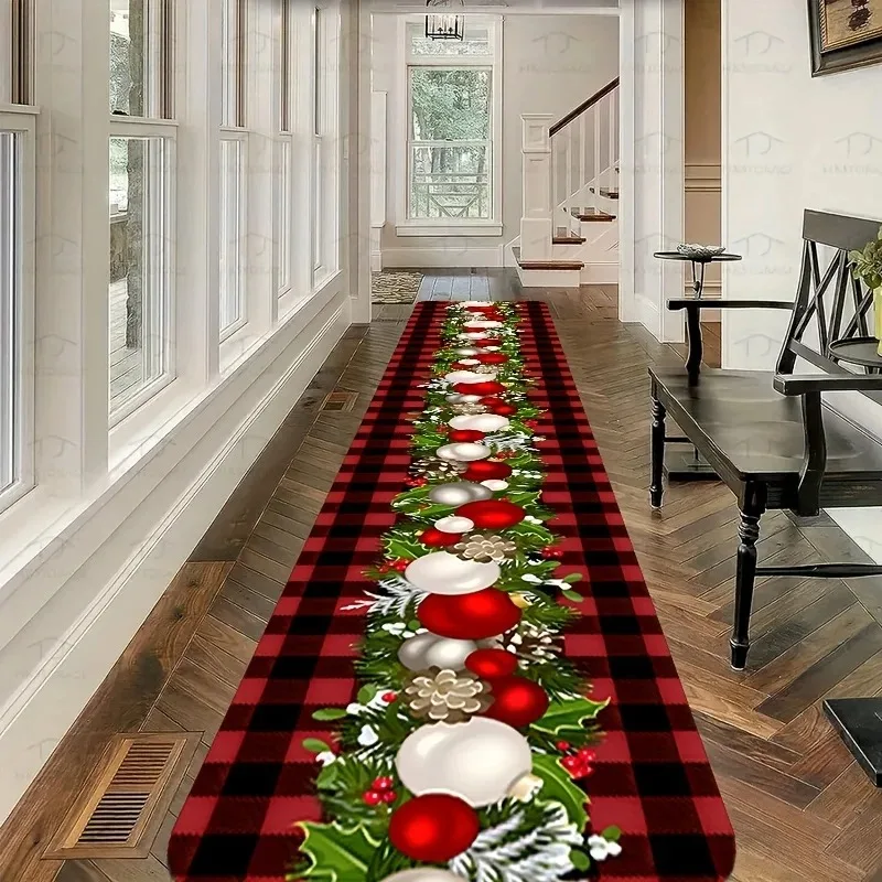 Christmas Garland Long Runner Rug Soft Floor Carpet Xmas Bow Bauble Gift Print Mat for Hallway Corridor Holiday Home Decor