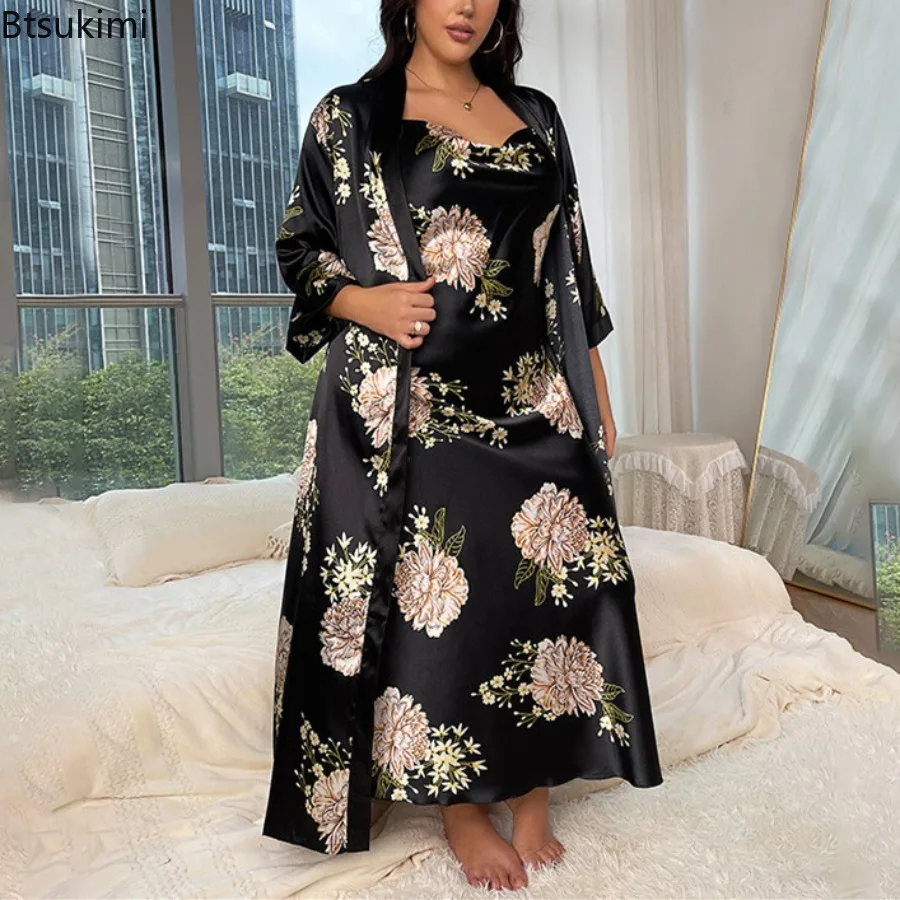 Loose Sexy Nightgown for Women Nightshirt Silk Satin Sleepwear Night Dress Black Printed Long Sleeve Sleep Two Piece Set Pajamas